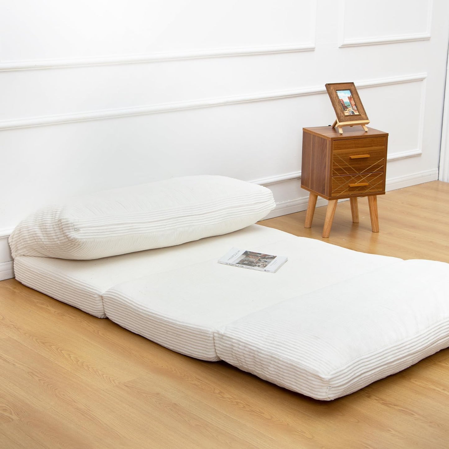 N&V Folding Matress Sofa Bean Bag Bed, Foam Filling Folding Matress Sofa, Includes Removable and Machine Washable Cover, Soft Premium Corduroy (Medium, Ivory)