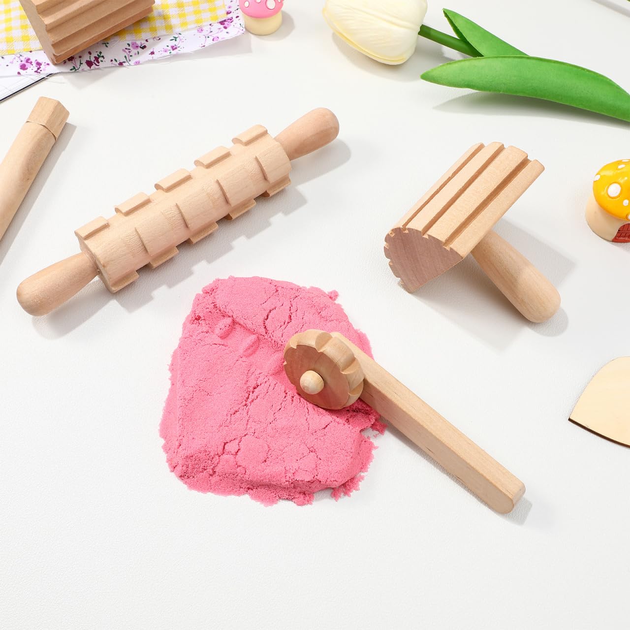 Kisangel Wooden Play Dough Tools Set of 12 for Kids - Pottery Texture Rollers & Clay Stamps - Natural Wood Sculpting & Molding Toys for Toddlers Arts and Crafts