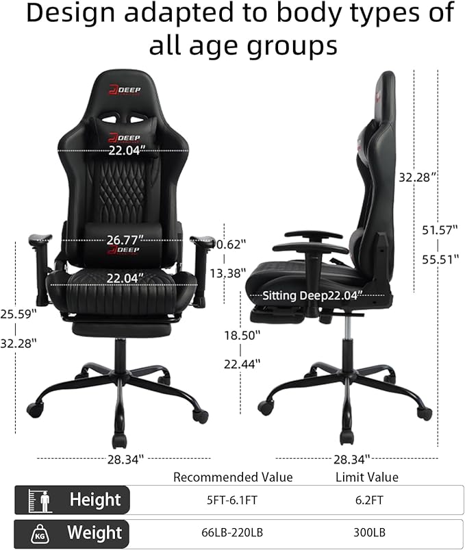 Video Game Chair with Footrest Ergonomic Comfortable Gaming Office Chair Height-Adjustable with a 360° Swivel Base and Headrest(1002-Black)