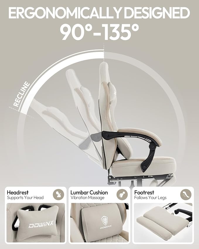 Dowinx Gaming Chair with Footrest, Breathable Fabric Gamer Chair with Gel Pad and Storage Bag, Ergonomic Office Chair with Lumbar Support for Home Task, Beige