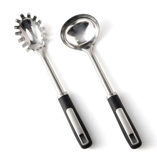 Stainless Steel Ladle and Pasta Server Set, Food-Grade Thickened Metal Soup Ladle & Spaghetti Spoon with Non-Slip Handles, Durable Cooking Utensils for Pasta, Soup & Everyday Kitchen Use