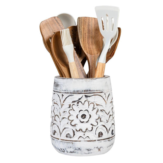 Mie Creations Farmhouse 7'' Large Utensil Holder for Kitchen Counter, Handcarved Wooden Utensils Crock | Decorative Floral Vintage Utensil Holder, Shabby Chic Cooking Organizer - Distressed White