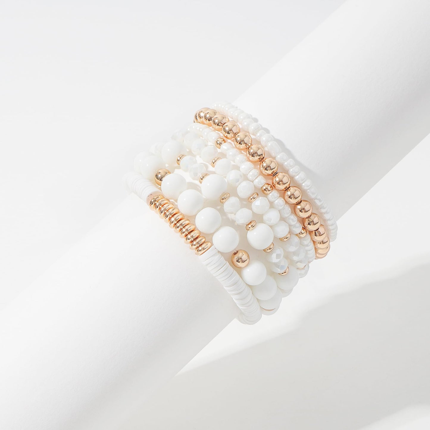 GOOJIDS White Surfer Heishi Clay Bead Bracelets for Women Bohemian Stackable Gold Plated Beaded Stretch Bracelets Elastic Layering Friendship Bracelets Set Boho Jewelry