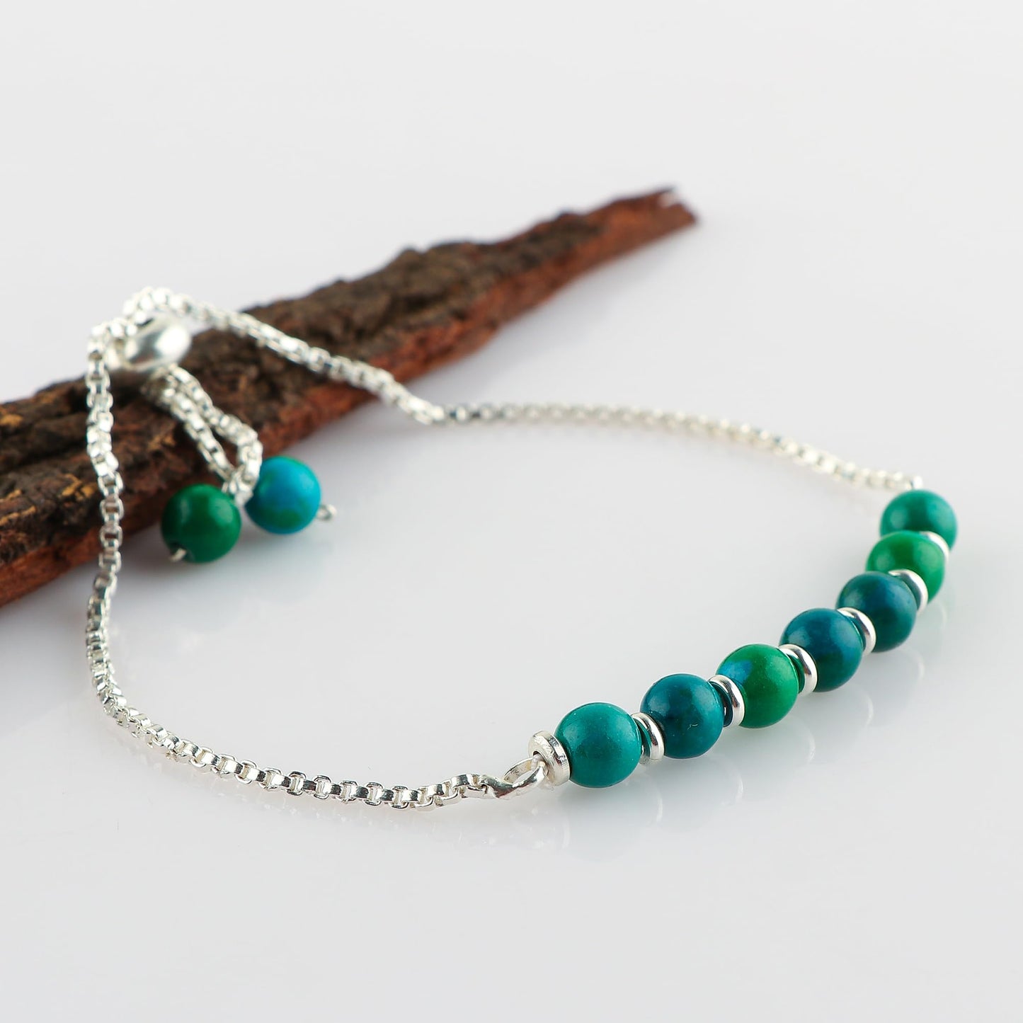 TGH Handmade Natural Chrysocolla Gemstone Round Beads Bolo Bracelet – Chakra Healing Crystals – Silver Plated Adjustable Slider – Gift for Women Birthday Christmas Gifts