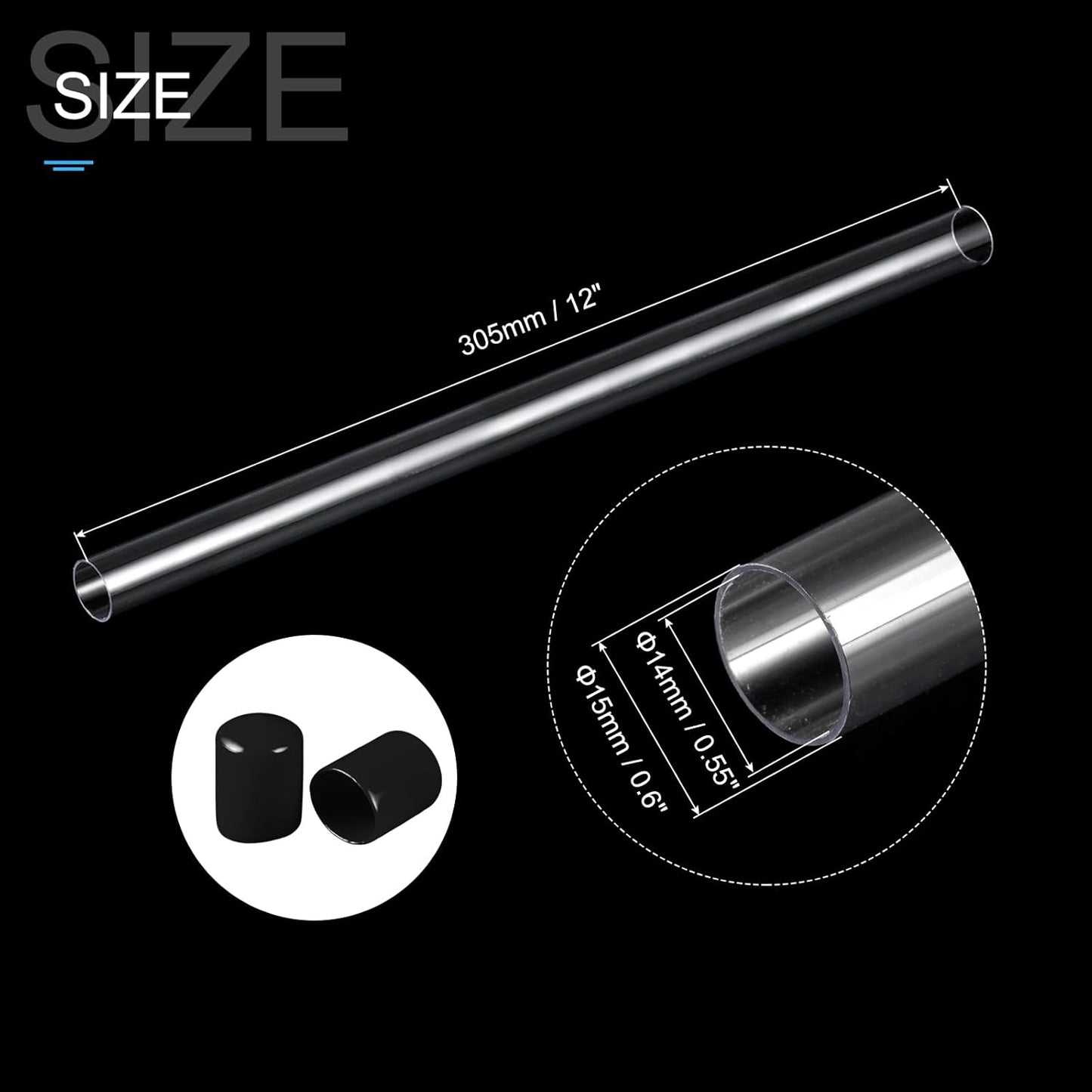 PATIKIL Clear Rigid Tube Round Plastic Tubing with Black Rubber Caps Polycarbonate Water Pipe, 305mm/ 12 Inch Length, 14mmx15mm/0.55"x0.6", 2 Set