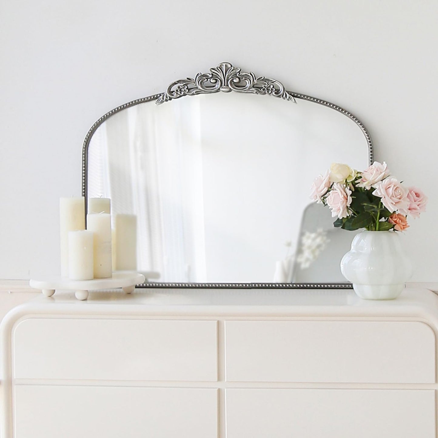 Micasso Vintage Ornate Baroque Mirror, 29" x 36" Large Silver Arched Wall Mirror for Bathroom, Living Room, Fireplace, and Bedroom