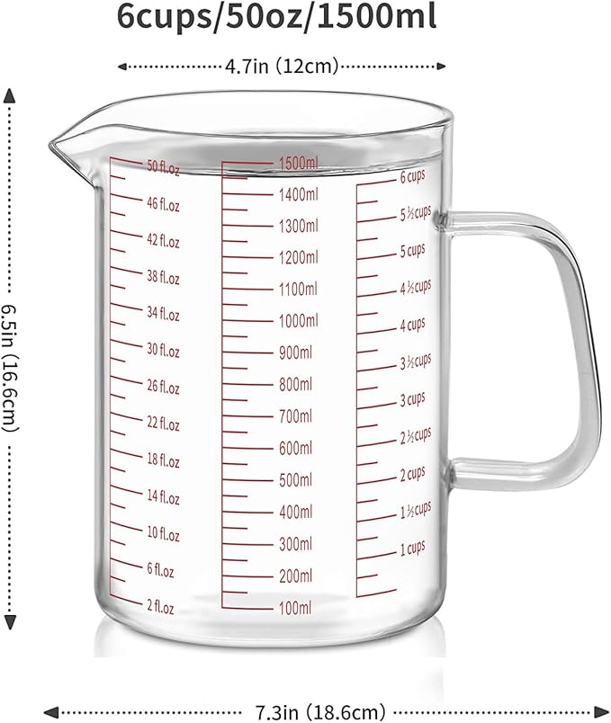 Luvan 6 Cups Glass Measuring Cup, Easy to Read with 3 measurement scales (Ml/Oz/Cup), Insulated Handle and V-shaped Spout, High Borosilicate Glass Measuring Cup, Ideal for Kitchen or Restaurant