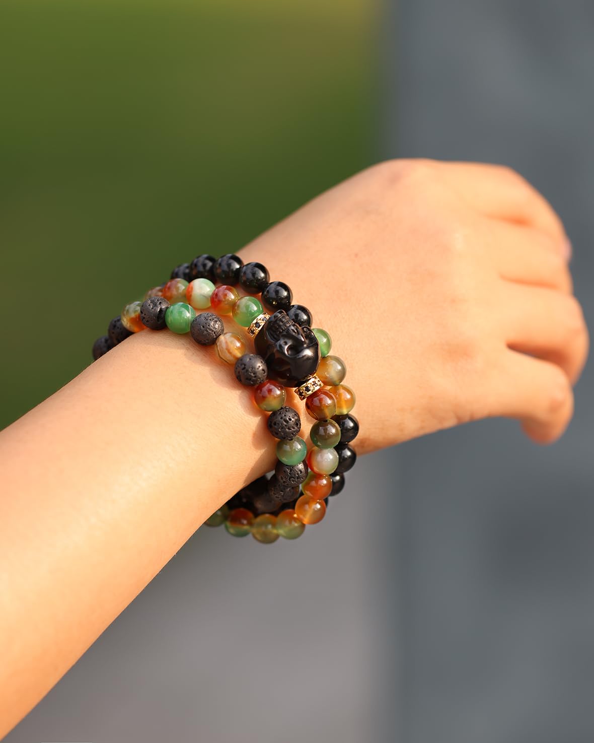 Xfoxstal Wrap Agate Stretch Beaded Bracelets Protection Obsidian Small Skull Lava Stone Bracelet for Women Essential Oil Diffusers Jewelry Meditation Gifts 8mm