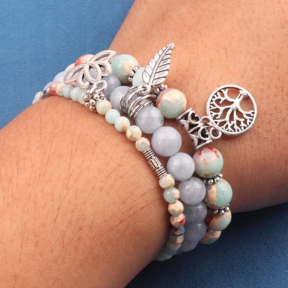 UEUC Tree of Life Yoga Healing Stone Bracelets,Multilayer Lotus Chakra Stone Reiki Bracelet Sets,Anxiety Crystal Natural Stone,for Women Stress Relief(#154)