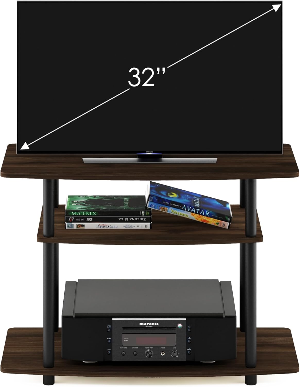 Furinno Turn-N-Tube No Tools 3-Tier Entertainment Center TV Stand for TV up to 32 Inch, Plastic Round Tubes, Columbia Walnut/Black