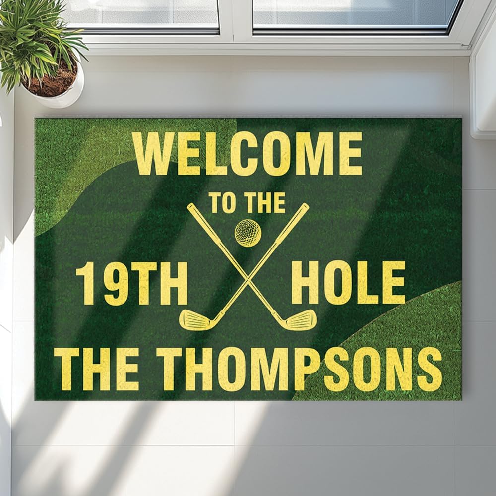 Welcome to The 19th Hole Personalized Golf Doormat – Custom Family Name Mat with Golf Clubs & Green Turf Design – Funny Non Slip Outdoor Entry Rug for Porch, Man Cave, or Home Bar Décor