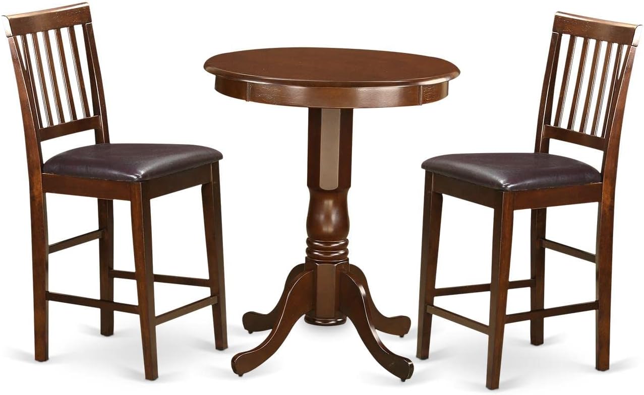 East West Furniture EDVN3-MAH-LC 3 Piece Counter Height Dining Set Contains a Round Dining Room Table with Pedestal and 2 Faux Leather Upholstered Chairs, 30x30 Inch, Mahogany