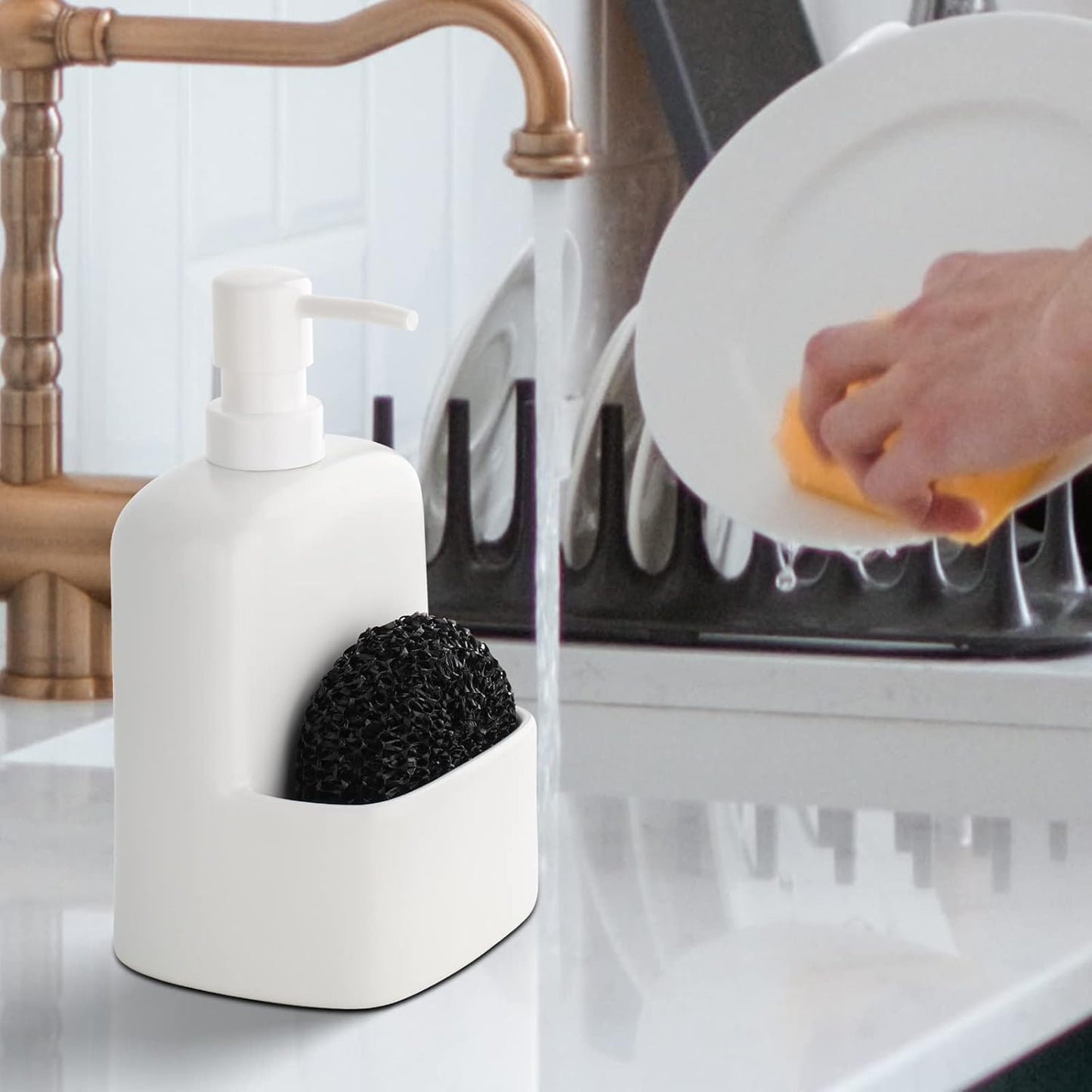 Dish Soap Dispenser - Kitchen Soap Dispenser with Sponge Holder Matte Ceramic Soap Daddy Dispenser 20oz for Kitchen (Matte White)
