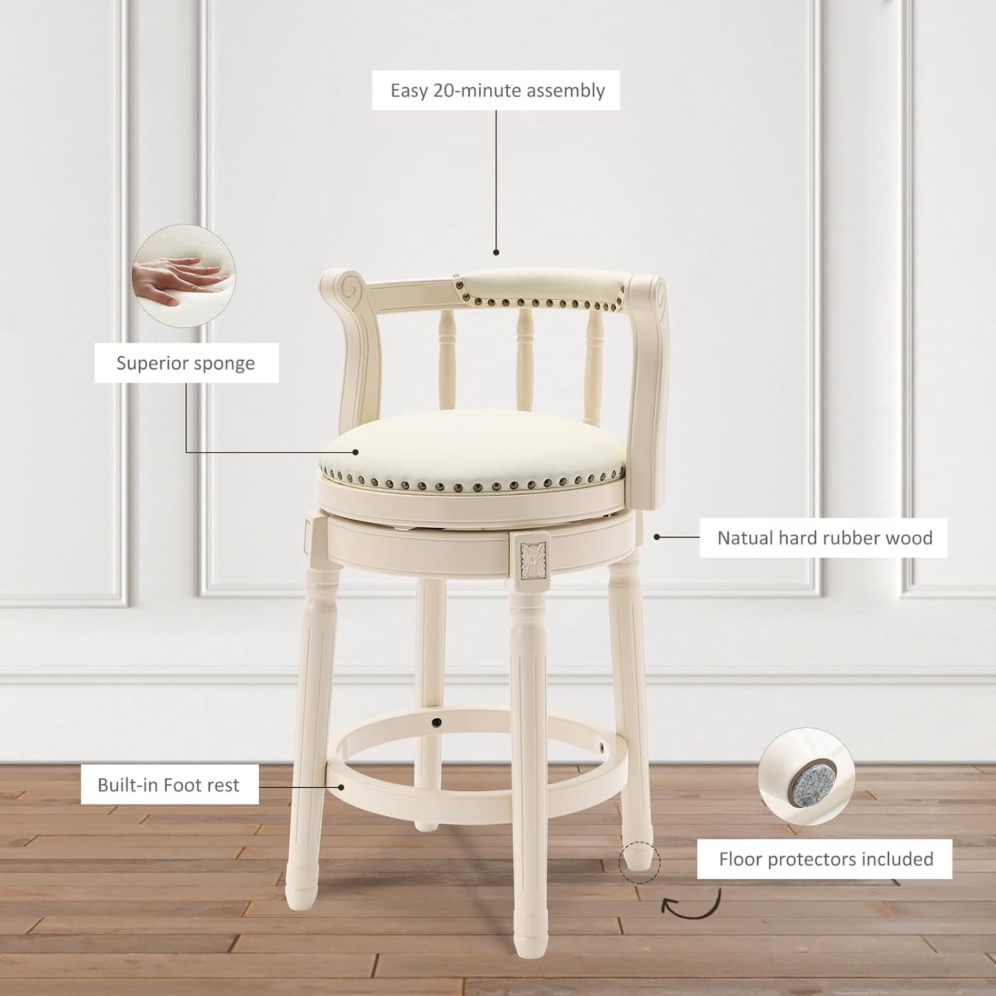 Cow top Leather Wooden Bar Stools, 360 Degree Swivel Bar Height Chair with Backs for Home Kitchen Counter, Morden Chair Barstools (Ivory Wood 1pc-Cream Seat, Counter Height-Seat Height 26”)