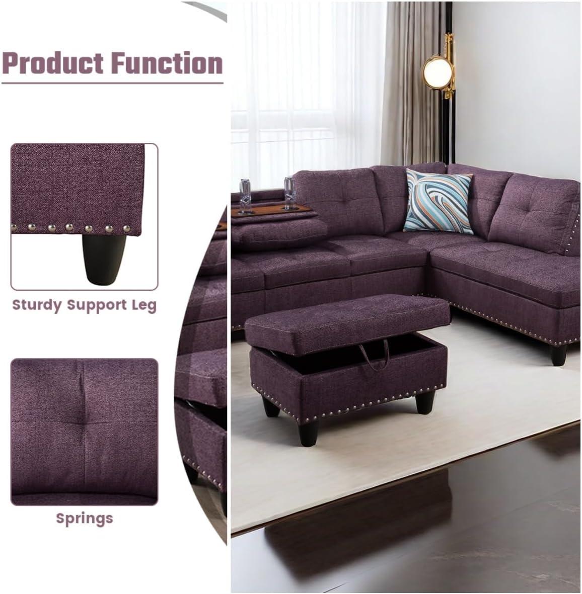 L Shaped Sectional Couches, Modular Sectional Sofa with Ottoman Storage, Nail-Head Design Lounge Sofa with Reversible Cup Holder for Living Room, Bedroom, Purple