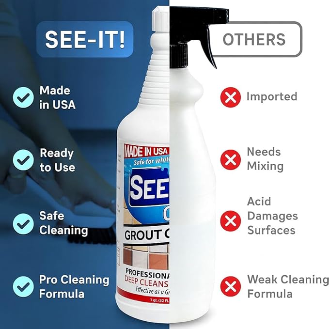 Grout & Tile Deep Cleaner Brightener & Heavy-Duty Stain Remover Acid-Free Safe for Ceramic, Porcelain, Marble, Stone - Two 32 fl. oz. Bottles with Floor Cleaning Brush