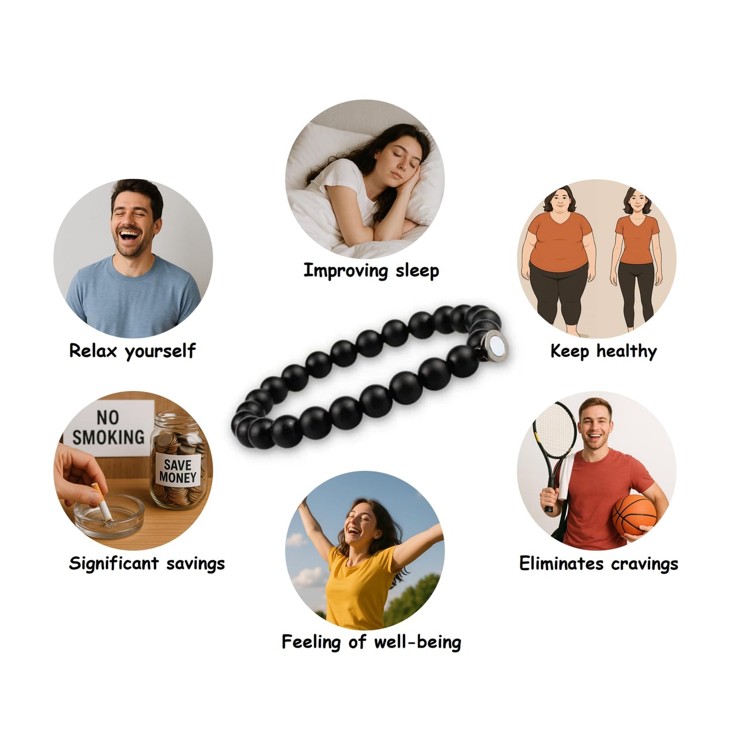Mengji Life Glame Anti Smoking Bracelets for Women Men, Magtherapy Quitting Bracelet Stretch Adjustable Stop Smoking Cessation Effective Handmade Jewelry Gifts (1pcs black+1pcs white)