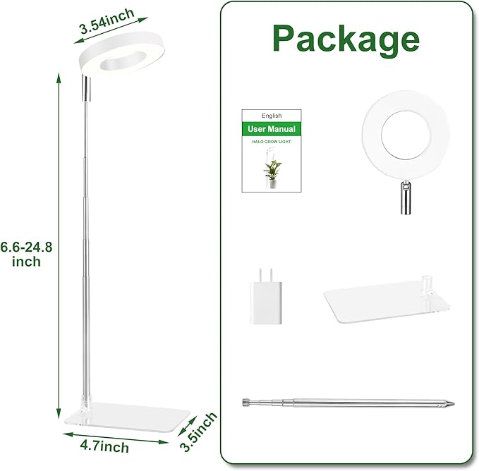 White Grow Lights for Indoor Plants Full Spectrum, 48 LEDs Plant Light for Indoor Plants, Height Adjustable, Small Halo Growing Lamp with Base, Auto Timer 3/9/12H, 3 Light Spectrums,10 Brightness