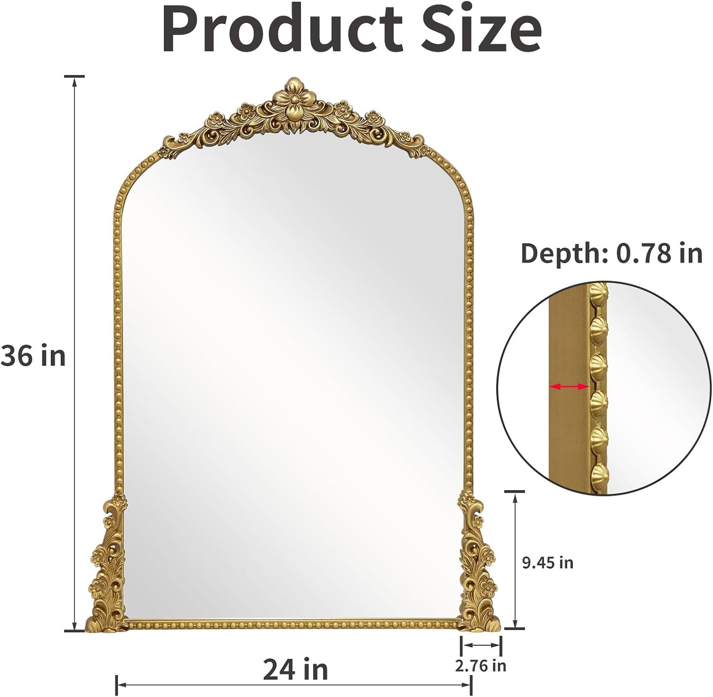 Vintage Arched Mirror, 24"x 36"Antique Baroque Mirror Style Metal Beaded Frame for Entryway Hallway Living Room,Vintage Gold