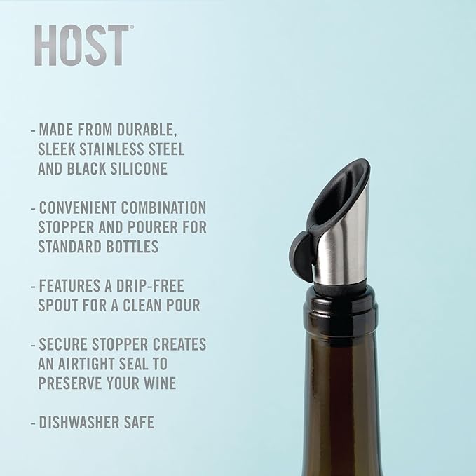 HOST Wine Bottle Pourer and Stopper, Corker for Wine Bottles with Bottle Pouring Spout, Wine Stopper Pourer Combination Set of 1