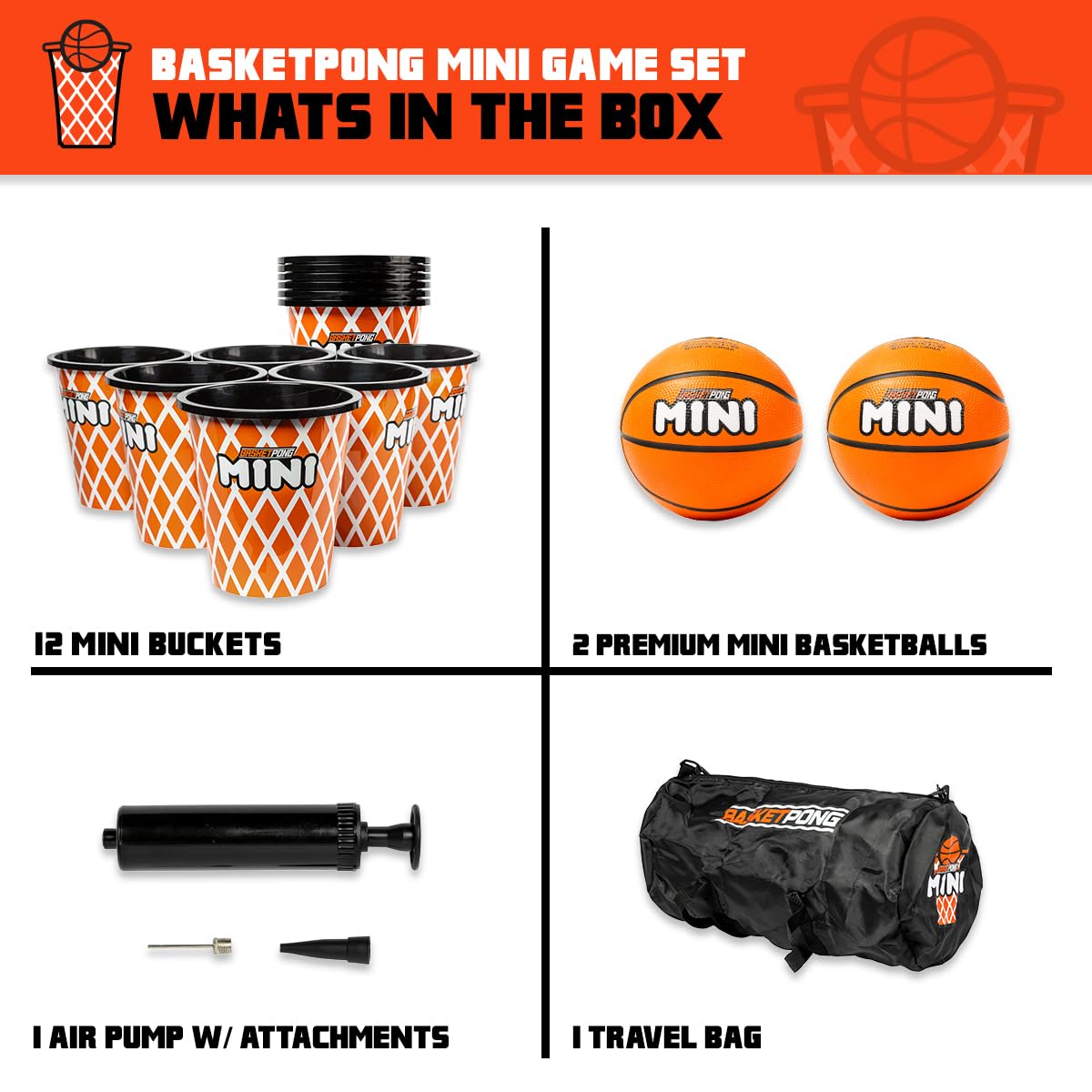 BasketPong Mini – Yard Pong and Basketball Game with 12 Buckets, 2 Balls, Carrying Bag, and Air Pump – Outdoor Game for Lawn, Backyard, Beach, and Travel