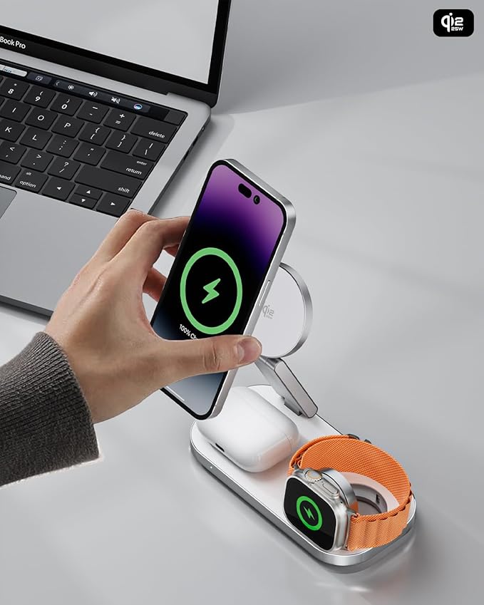 3-in-1 Charging Station for Apple Device, Qi2 25W Magnetic Wireless Foldable Fast Charger Stand Compatible with MagSafe for iPhone Air/17/16/15/14/13/12 Series, Apple Watch & AirPods