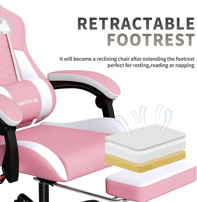Gaming Chair with Massage,Ergonomic PC Gaming Chair with Footrest Comfortable Headrest and Lumbar Support,High Back Game Chair PVC Leather,300LBS (Pink)