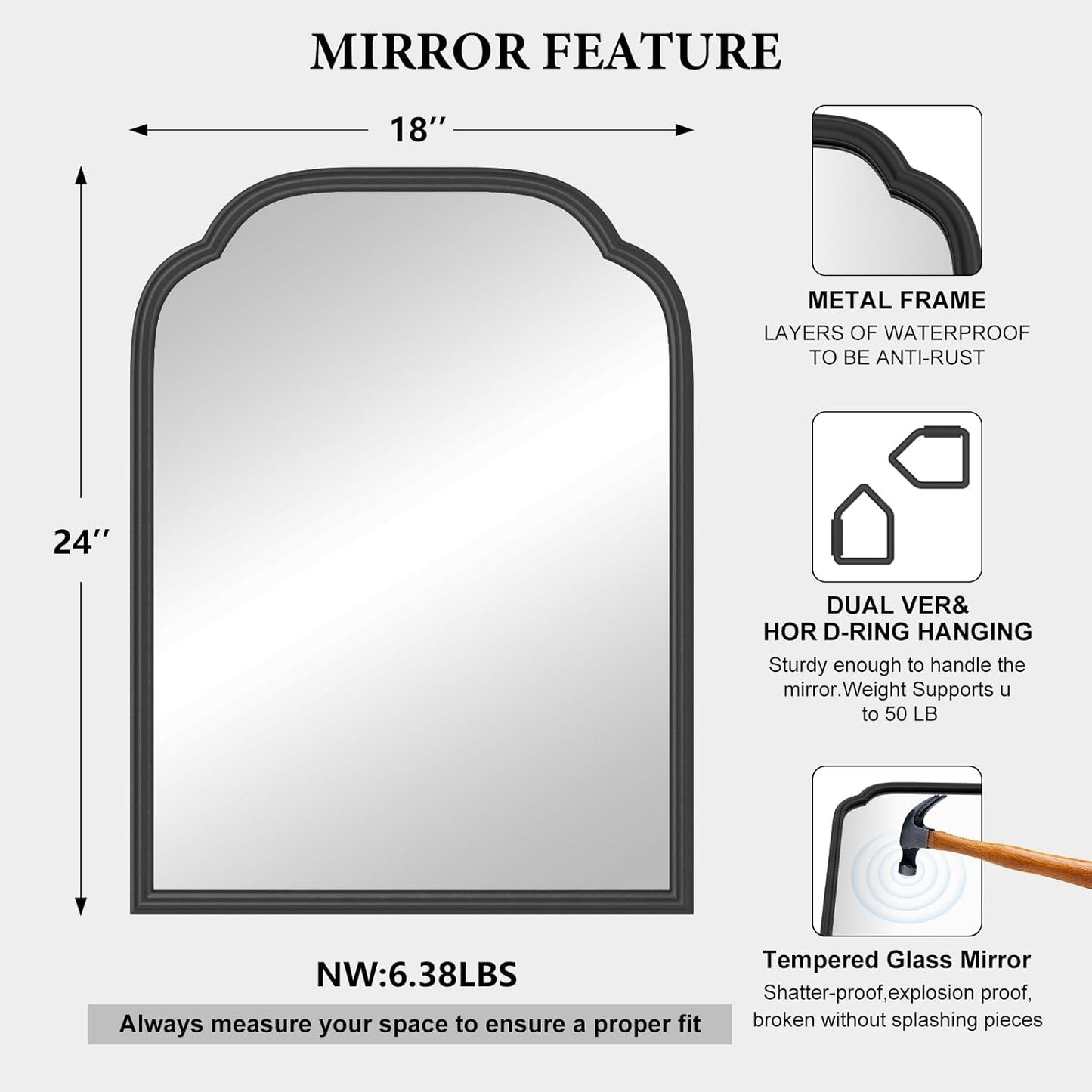 18X24 Inch Black Mirror for Wall with Metal Frame Rectangular Rounded Bathroom Vanity Mirror Anti-Rust, Hangs (Black 18" x 24")