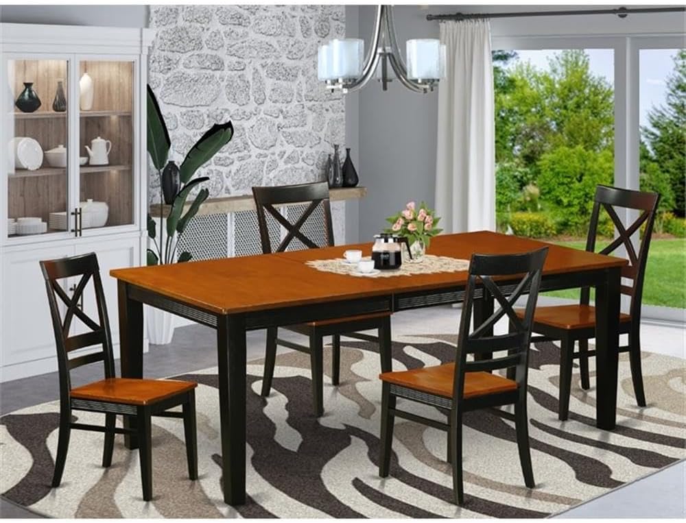 East West Furniture QUIN5-BLK-W 5 Piece Kitchen Table Set for 4 Includes a Rectangle Dining Table with Butterfly Leaf and 4 Dining Room Chairs, 40x78 Inch, Black & Cherry