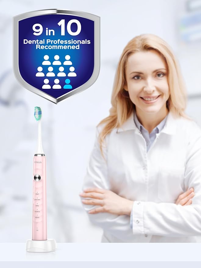 COSLUS Sonic Electric Toothbrush for Adults: 47000 VPM for Deep Cleaning & Whitening with Travel Case - 5 Modes for Sensitive Teeth & Braces, Wireless Charging, 6 Brush Heads, Pink & Green (2PCS)