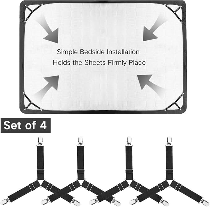 Foloda Sheet Holders, 4 pcs Adjustable Bed Sheet Straps, Fitted Sheet Holder Clips Fasteners Suspenders Gripper Locker Scrunchie for Bed Mattress Corners, Keep Sheet Firm Tight