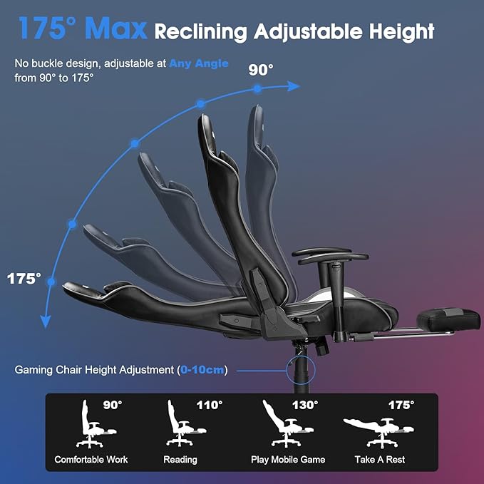 Douxlife 7-Point Massage Gaming Chair, 175° Gaming Recliner with Footrest Ergonomic Computer Office Chair High Back Video Game Chair with Lumbar Support, Upgraded Versio Grey
