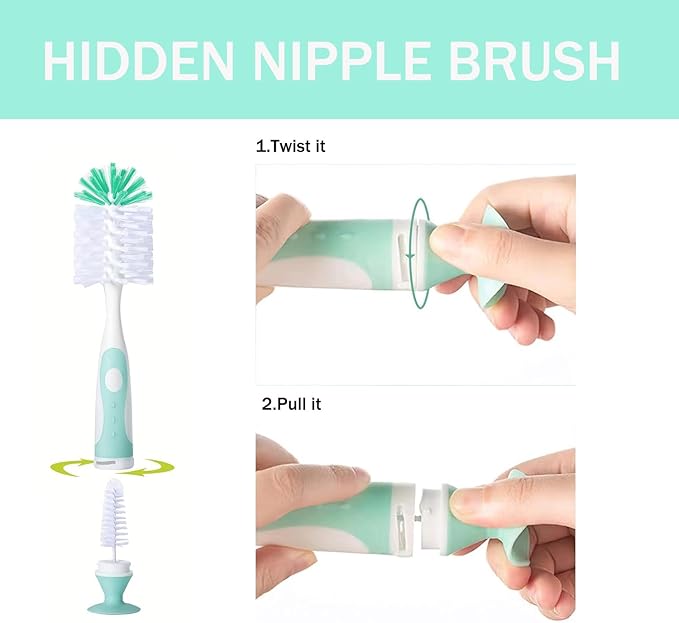 Baby Bottle Brush Set 4 in 1, Baby Bottle Cleaner, with 1P Nylon Bottle Brush, 1P Bottle Cap Brushes, 2P Straw Brushes, Bottle Brush with Nipple Cleaner and Suction Cup, BPA-Free(Green)