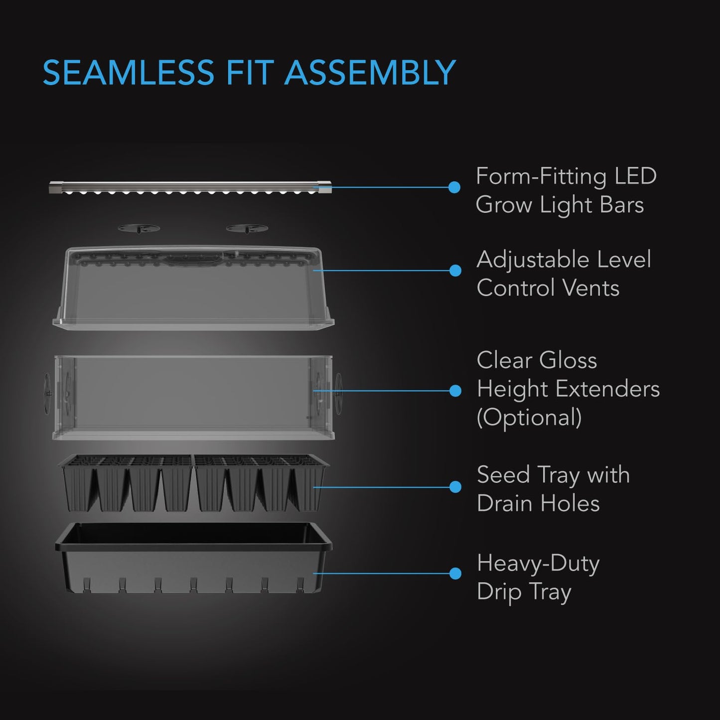 AC Infinity Heavy-Duty Humidity Dome with Full Spectrum LED Grow Light Bars, Samsung LM301H EVO Diodes, 3mm Thickest Dome and 5x8 Trays, Vent Extension Panels, for Seed Starting and Propagation