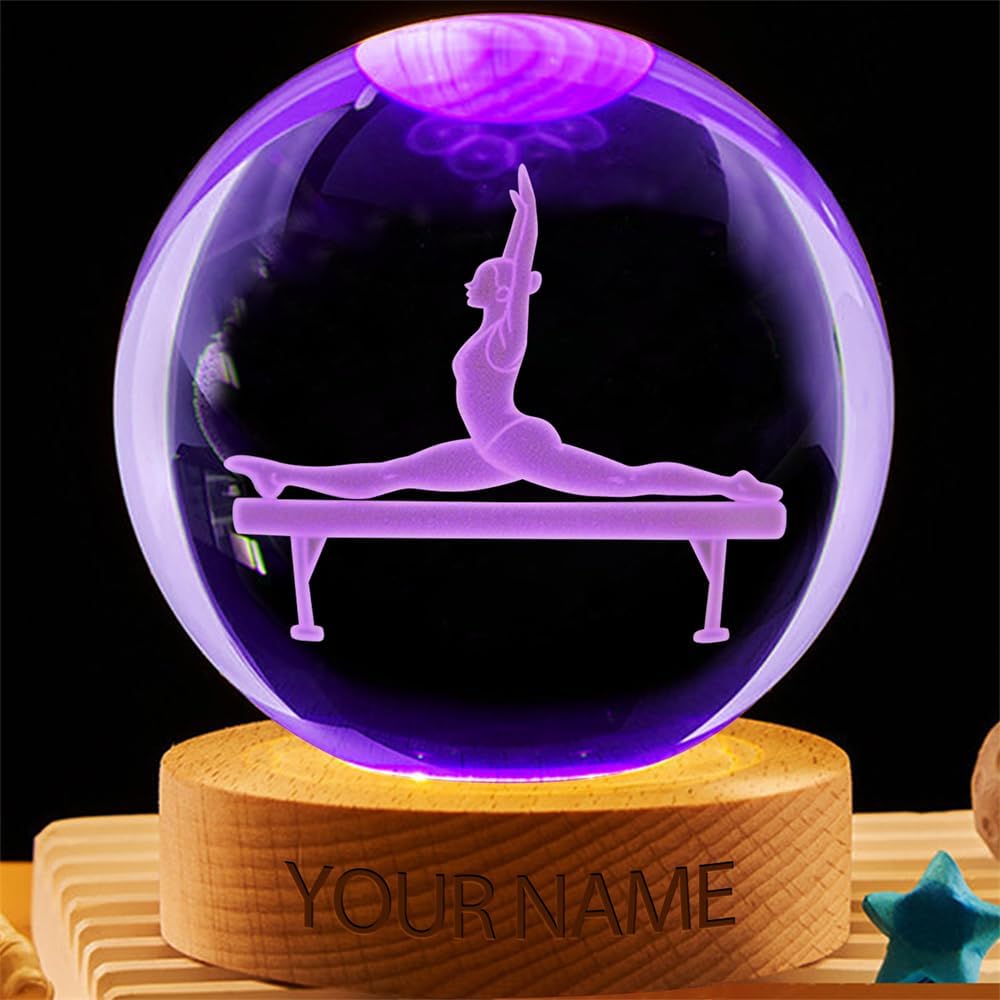 Personalized Gymnastics Crystal Night Light Gift for Women, Custom Name/Number Gymnastics Player 3D Crystal Ball Night Light Lamp for Bedroom Room Sports Decor Party Bar Christmas Birthday Gift