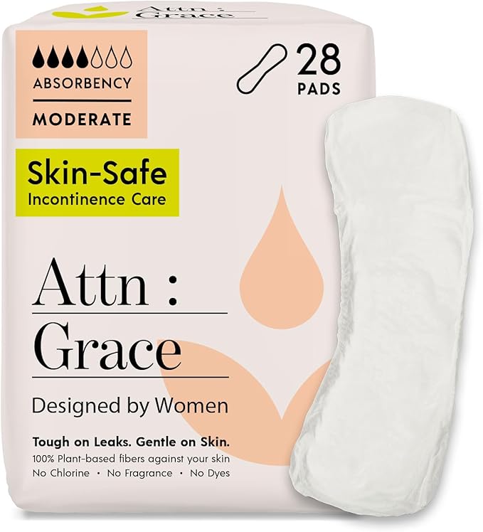 Attn: Grace Moderate Incontinence Pads for Women 2-Pack (56 Pads Total / 28 per Pack) - High Absorbency for Sensitive Skin - Protection for Heavy Bladder Leakage/Discreet, Breathable, & Plant-Based