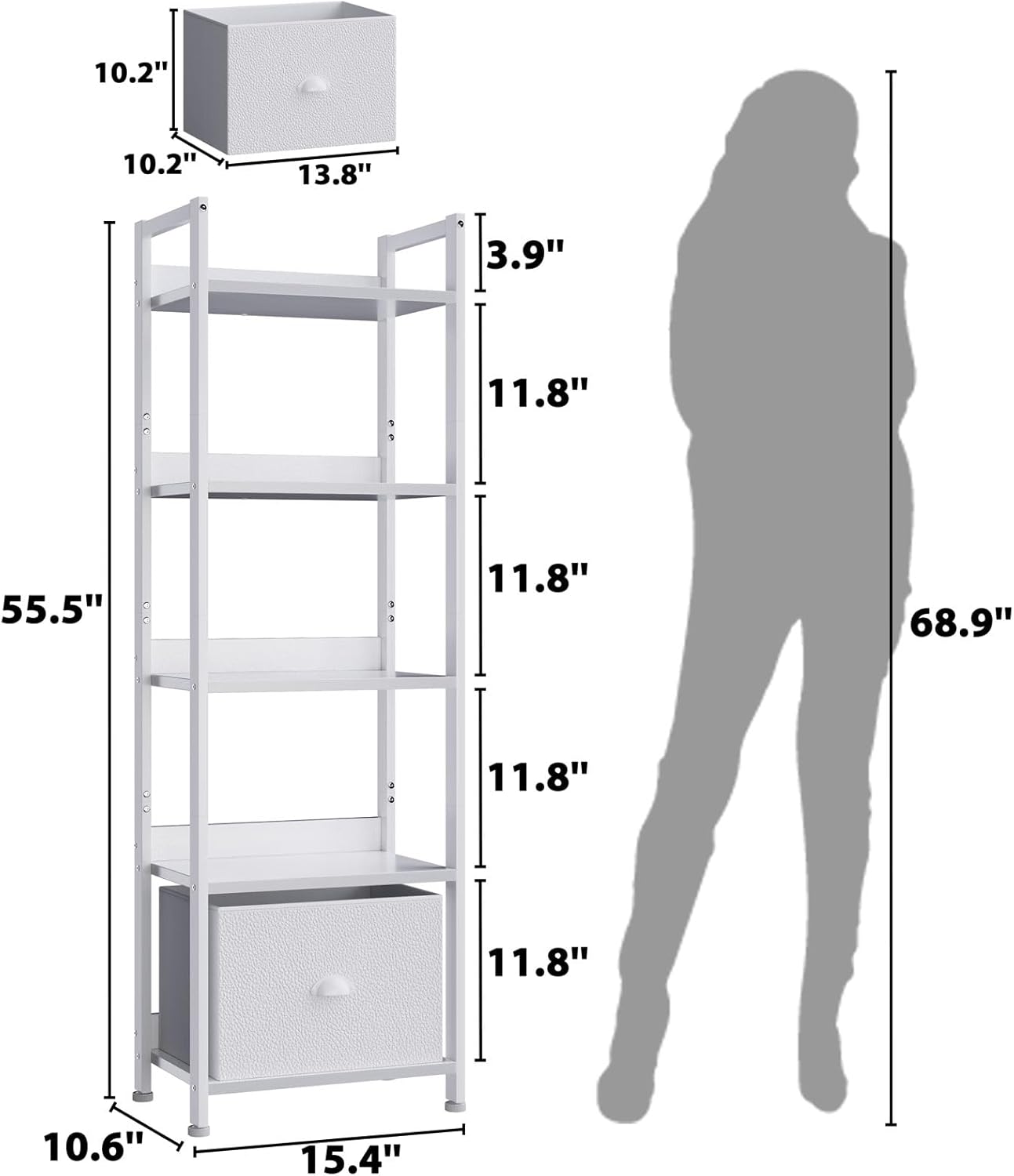 Furologee 5 Tier Bookshelf with Drawer, Tall Narrow Bookcase with Shelves, Wood and Metal Book Shelf Storage Organizer, Modern Display Standing Shelf Unit for Bedroom, Living Room, Office, White