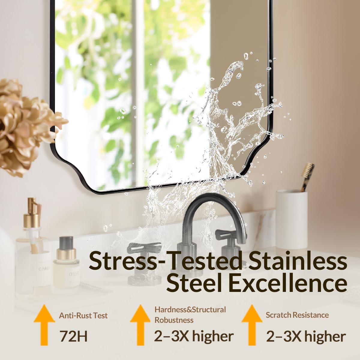 Black Wall Mirror, 24"x36" Black Scalloped Mirror, Unique Curved Edge Design, Anti-Rust SUS304 Frame, Hangs Vertical or Horizontal