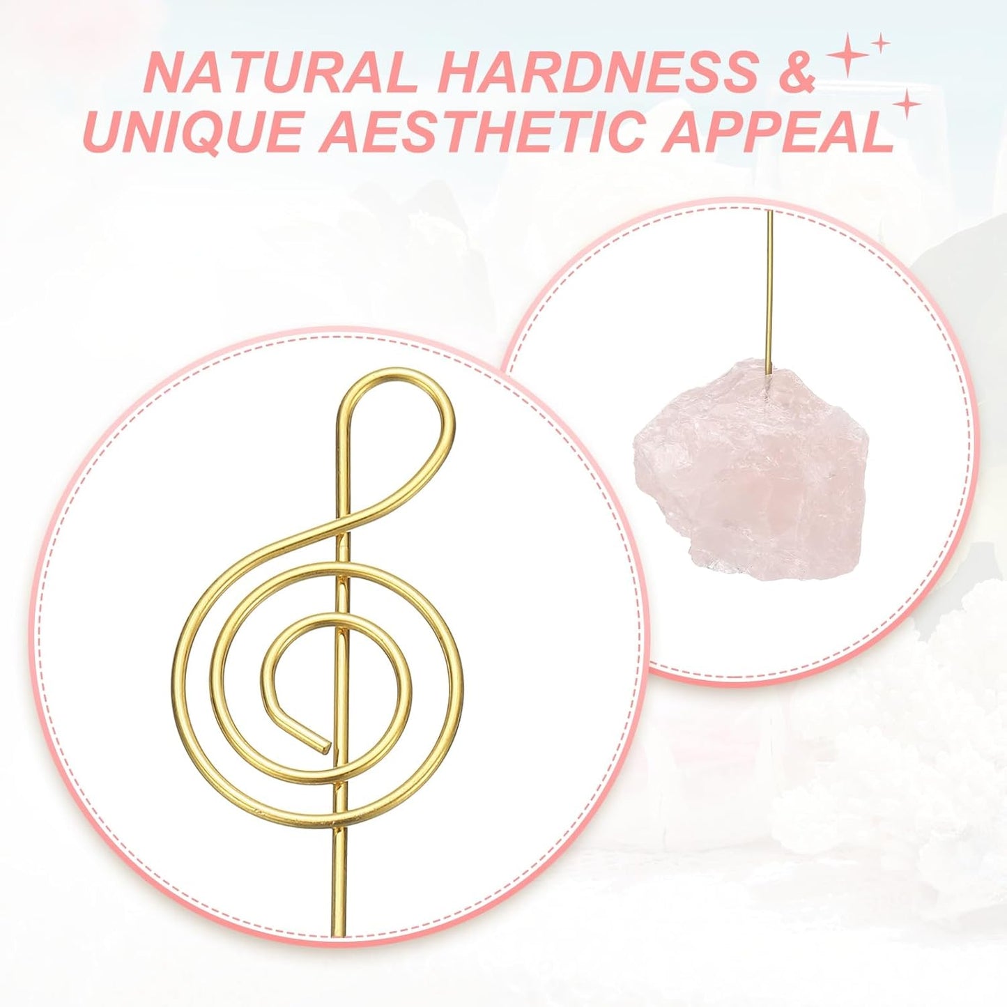 PATIKIL Table Number Holder, 1Pcs Photo Clip Holders Crystal Stone Quartz Desk Card Holder Raw Musical Note Shape Iron Memo Note Photo Stand for Wedding Party Home Office Decor, Pink