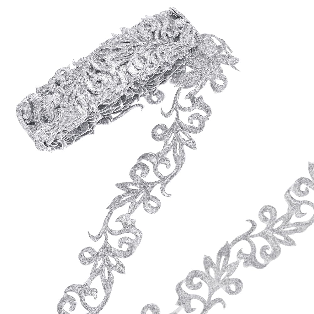 NBEADS About 4.37 Yards(4m) Silver Embroidery Polyester Ribbons, 1.38" Wide Metallic Lace Trim Iron on Metallic Flower Lace for Sewing Costumes Gowns Home Decor Garment Accessories, Thick:1.5mm