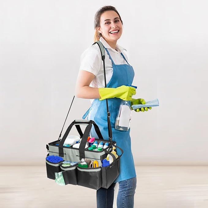 Wearable Cleaning Caddy Bag, Cleaning Caddy Suppliers Organizer with 4 Foldable Dividers, Handle & Shoulder Straps Cleaning Tool Organizers for Cleaners & Housekeeper (Grey)