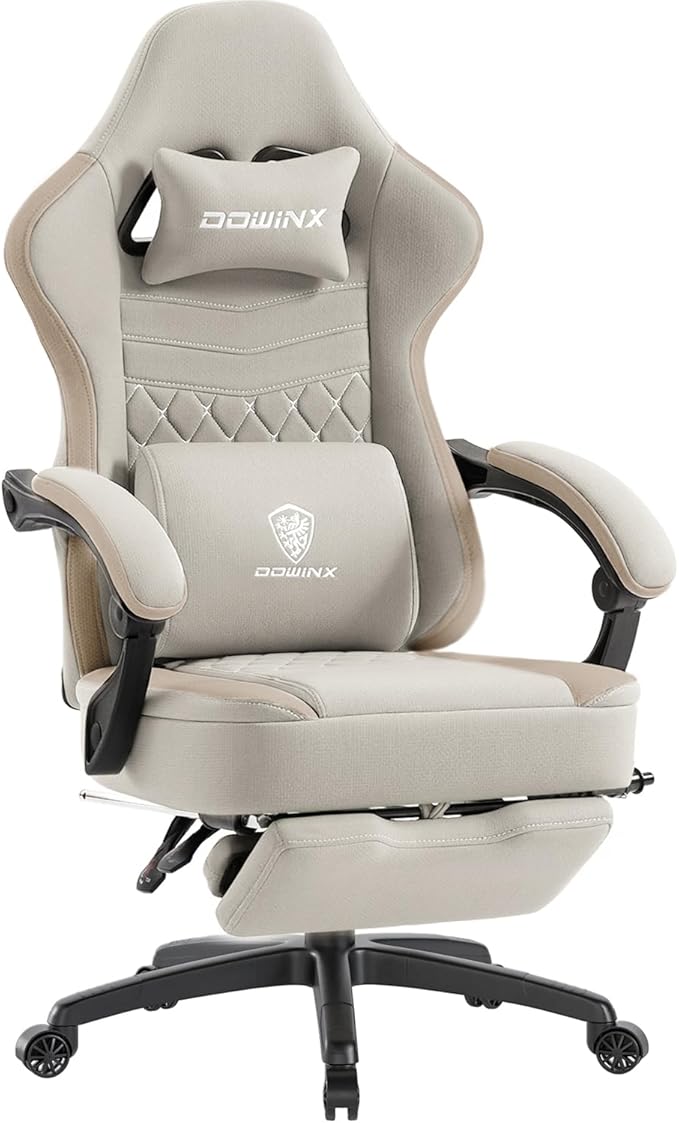 Dowinx Gaming Chair with Footrest, Breathable Fabric Gamer Chair with Gel Pad and Storage Bag, Ergonomic Office Chair with Lumbar Support for Home Task, Beige