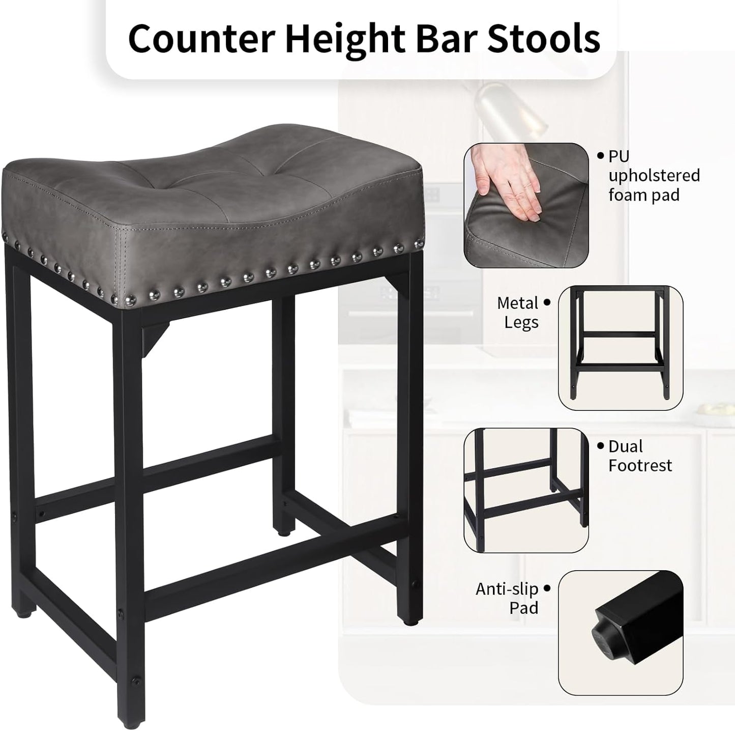 Counter Height Bar Stools Set of 3, Stools for Kitchen Island Set of 3, 24 Inch Counter Stool Saddle Backless Barstools for Kitchen Counter -Grey