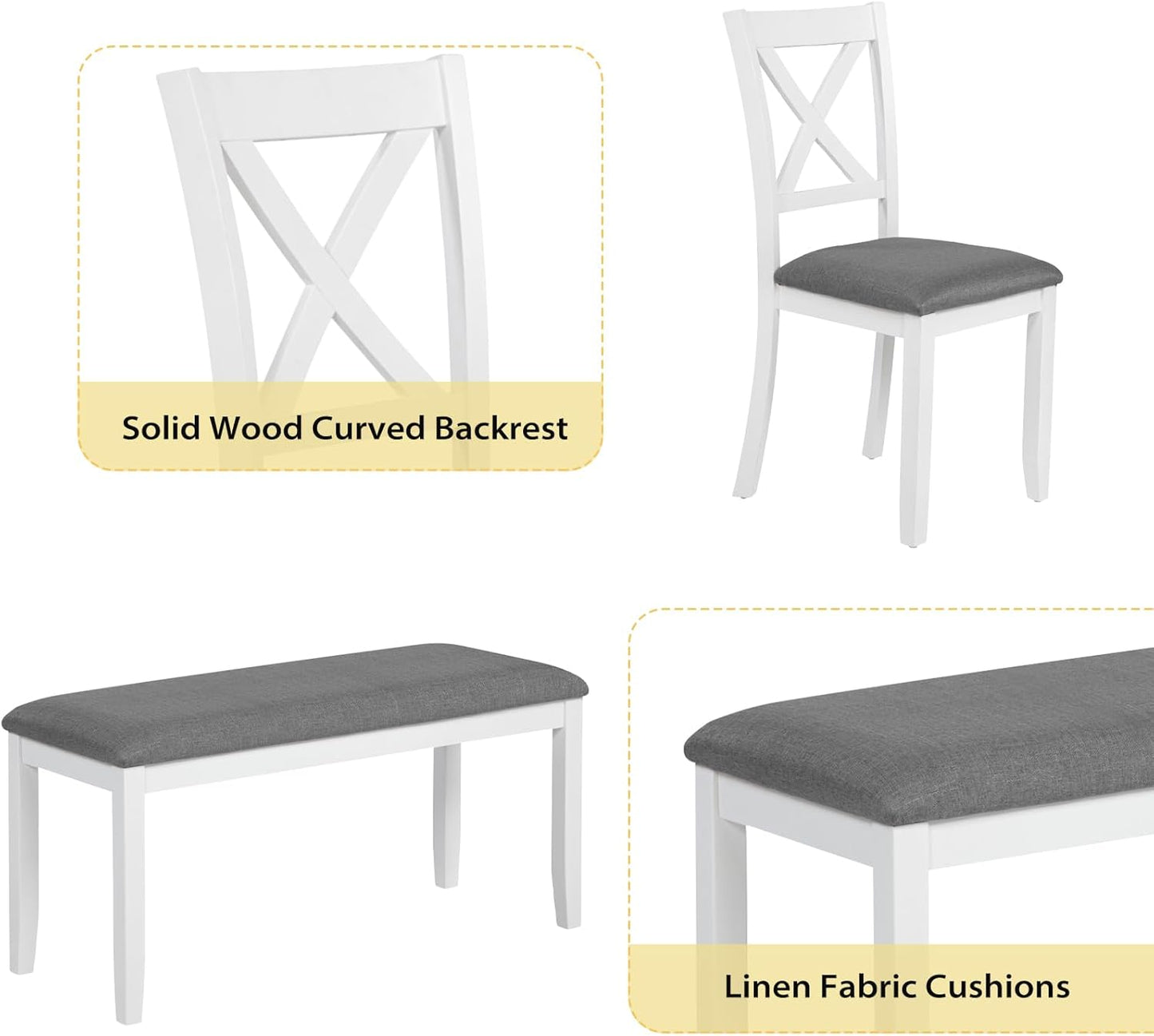 6-Piece Solid Wood Dining Table Set, Including 1 Dining Table, 4 Upholstered Chairs and 1 Bench, Wooden Legs Dining Table Set for Dining Room, Kitchen, Restaurant, White