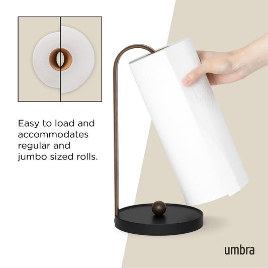 Umbra Bellwood Paper Towel Holder for Kitchen Countertop, with Real Wood Stand and Weighted Metal Base, Black/Walnut