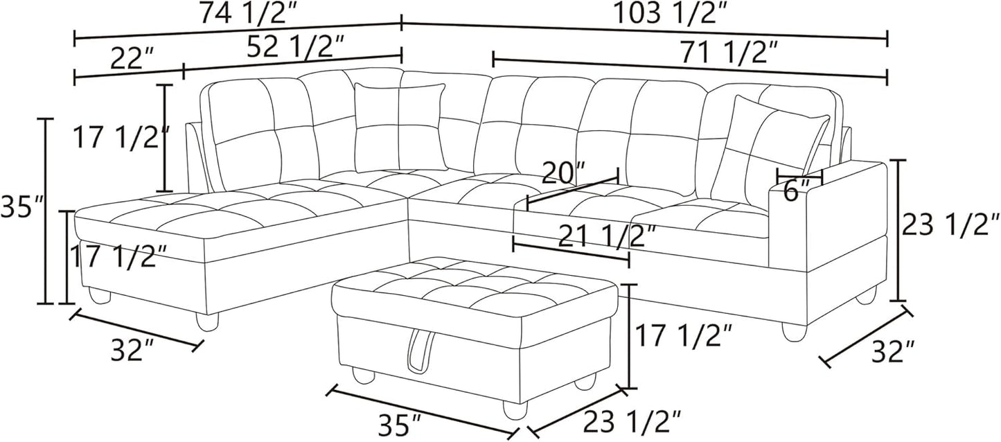 L Shaped Sectional Sofa with Ottoman, Color Blocking Flannel Leather Right Facing Modern Couches for Living Room, Bedroom, Office, Ginger Leather