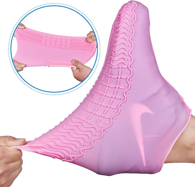 Waterproof Shoe Covers, Silicone Reusable Shoe Cover Non-slip Durable Zipper Elastic Rain Cover Protection for Men Women (M (Women 5-7, Men 5-6), Pink)