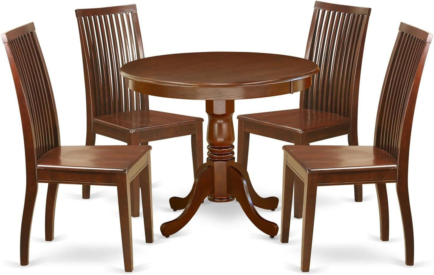 East West Furniture ANIP5-MAH-W 5 Piece Kitchen Table & Chairs Set Includes a Round Dining Room Table with Pedestal and 4 Dining Room Chairs, 36x36 Inch, Mahogany