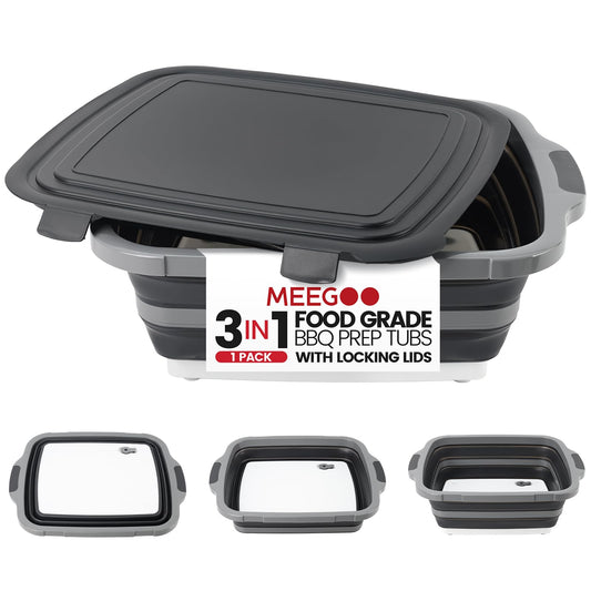 BBQ Prep Tub 3-IN-1 Large 16L Collapsible Cutting Board with Locking Lid for Meal Prep Marinating Food, Camping Sink with Colander, Dish Basin, Storage Blanket for Camping Picnic BBQ, Black