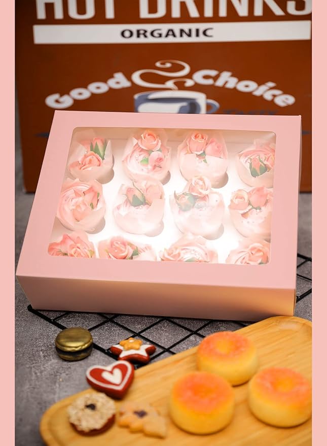 Bakepacker 12 Cupcake Containers 20-Packs Pink Cupcake Box Cupcakes Carrier, 12 Cupcake Boxes with Window 13"x10"x3.5"（Auto-pop up）